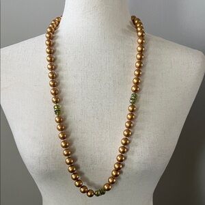 Coldwater Creek Gold Faux Pearl Beaded Necklace with Green Crystal Beads